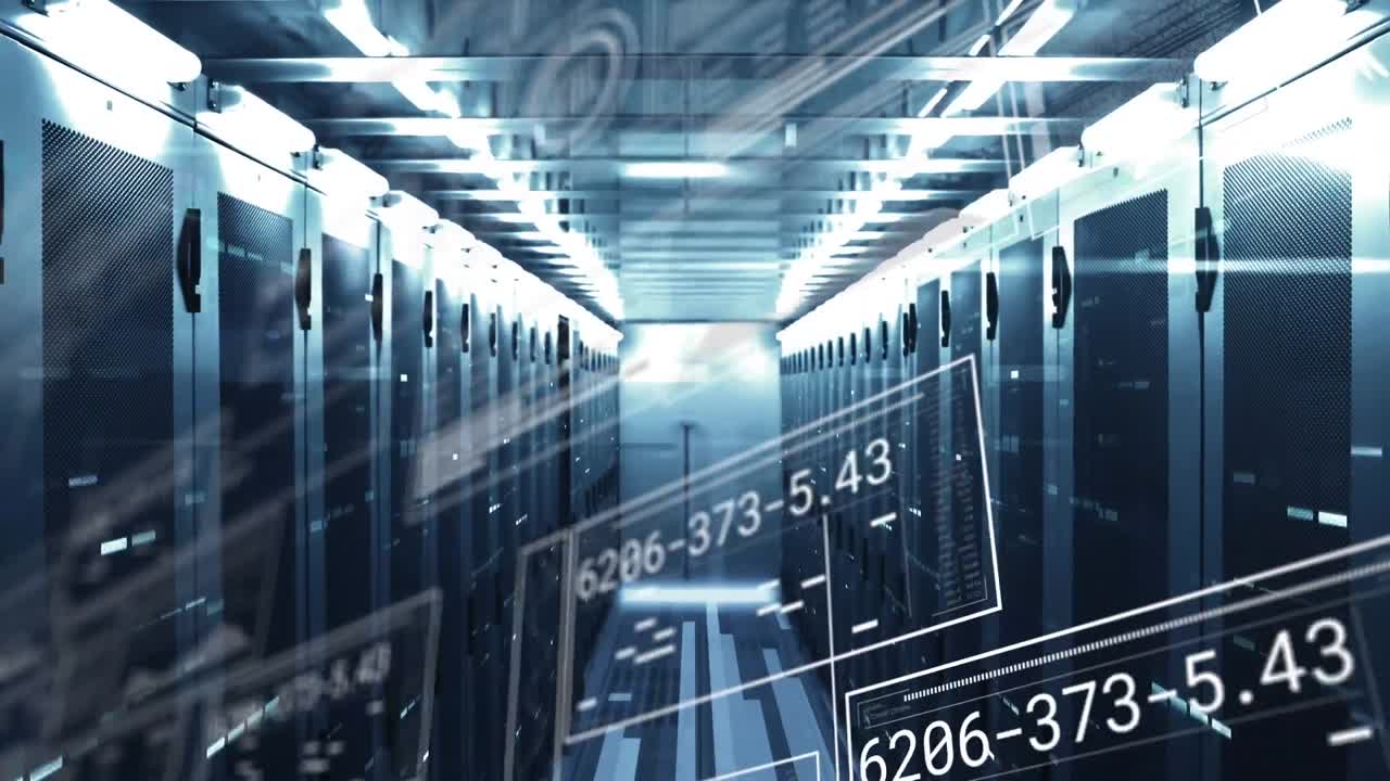 Animation of interface with data processing and mosaic squares against computer server room