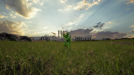 tree and a factory emitting smoke, highlighting environmental issues