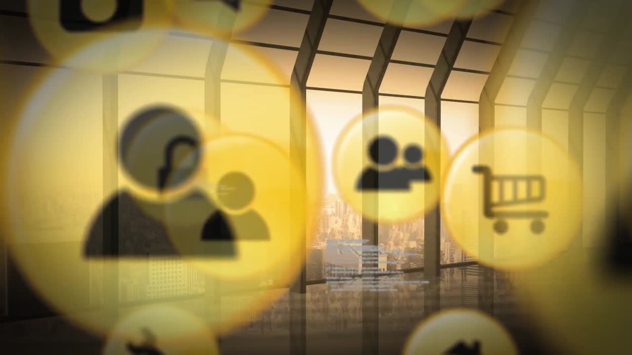 Animation af databehandling med ikoner over et vindue med bybillede
