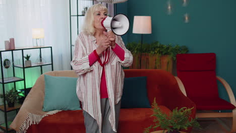 Senior-old-grandmother-scream-in-megaphone-loudspeaker-announces-discounts-real-estate-sale-Hurry-up