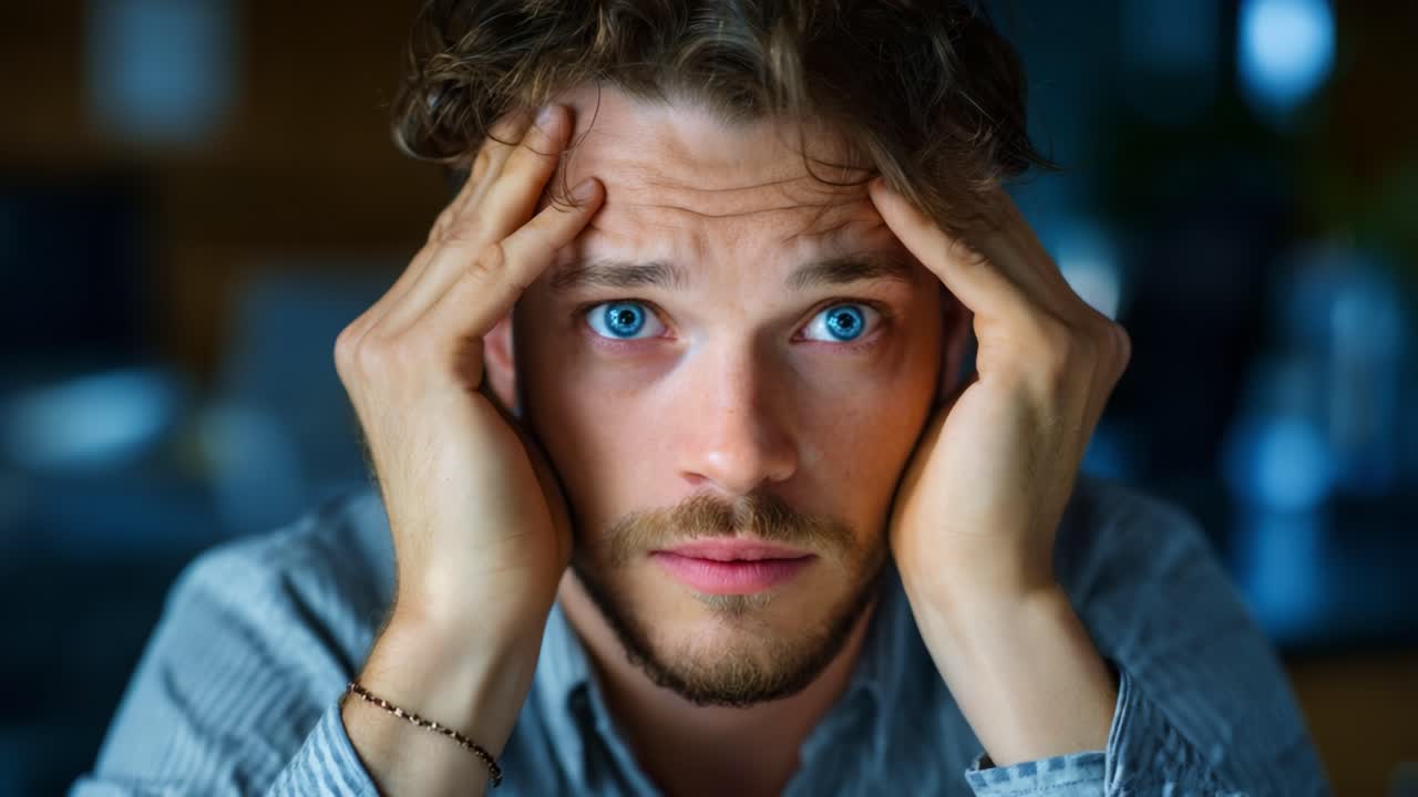 Um homem de olhos azuis expressa profunda frustração e estresse, capturados em dois frames contrastantes que mostram sua turbulência emocional e reflexão