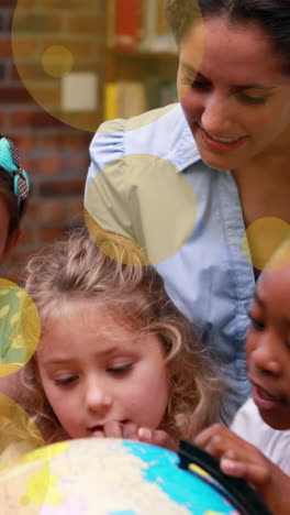 animation of light spots over biracial female teacher with diverse schoolchildren in library