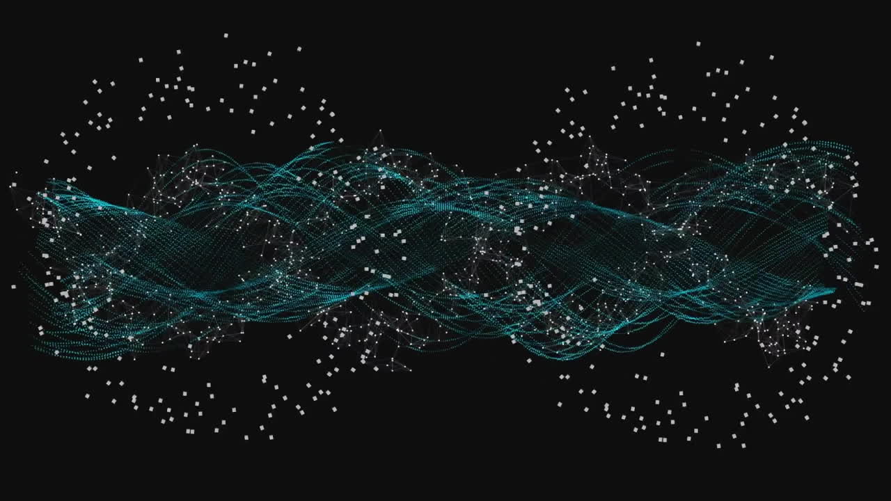 Flowing blue waveforms and particles, abstract animation over black background