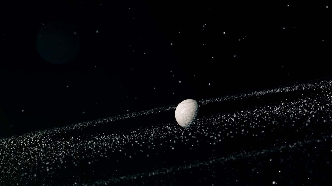 Single moon or small planet moving through dense asteroid rings in dark space. Sci-fi, astronomy, celestial body, cosmic journey animation