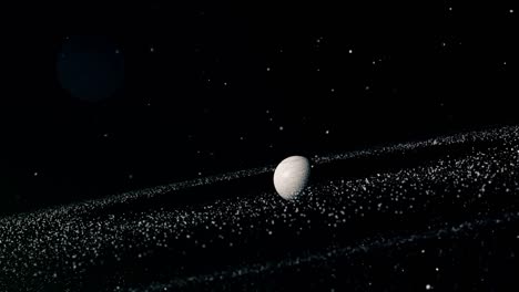 single moon or small planet moving through dense asteroid rings in dark space. sci-fi, astronomy, celestial body, cosmic journey animation
