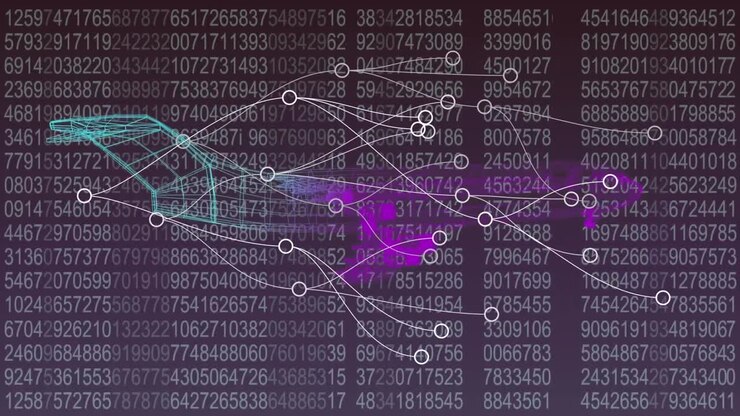 Animation of plane project, connections and numbers in digital violet space