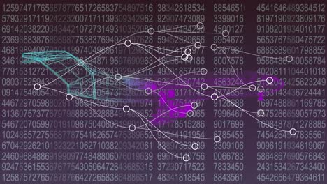 Animation-of-plane-project,-connections-and-numbers-in-digital-violet-space
