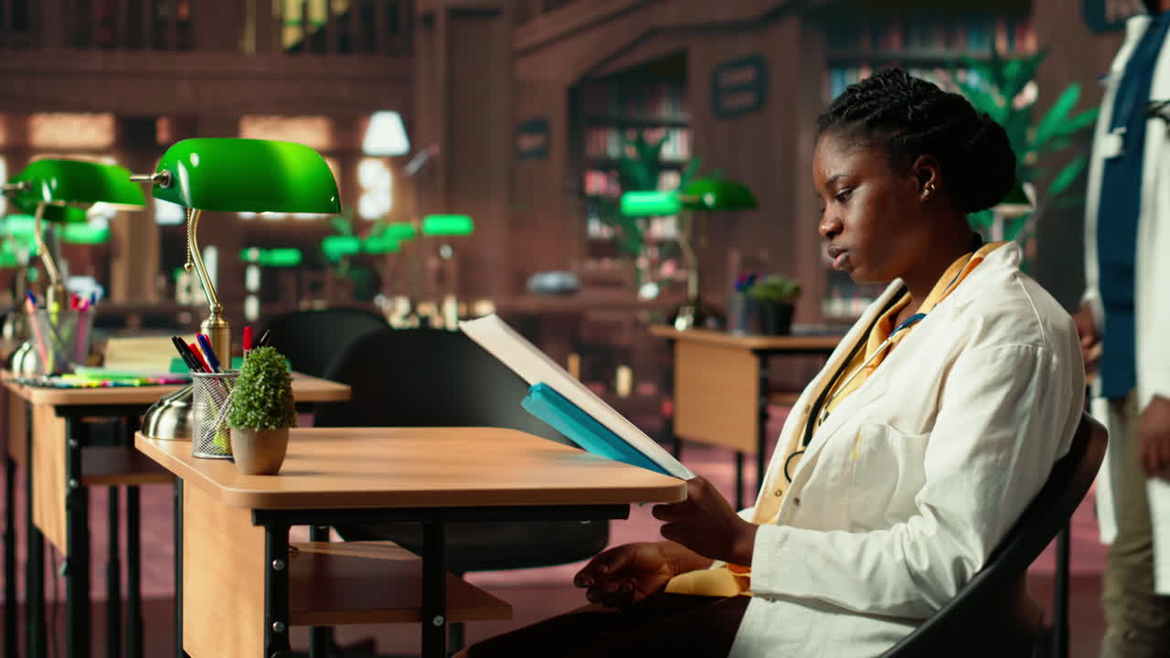 escuela de medicina afroamericana disfrutando de la conferencia de libros especializados en la biblioteca