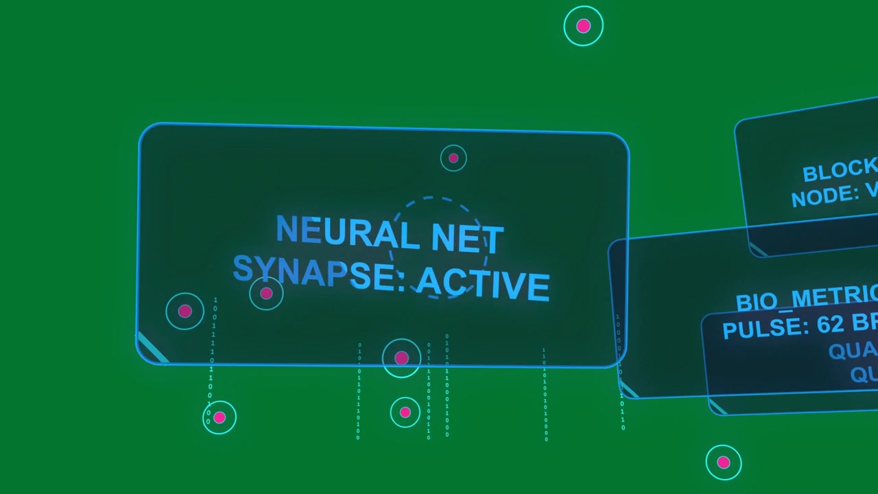 On start transparent neon HUD sliding nodes pulsing aligning showing chain bio quant neuro status