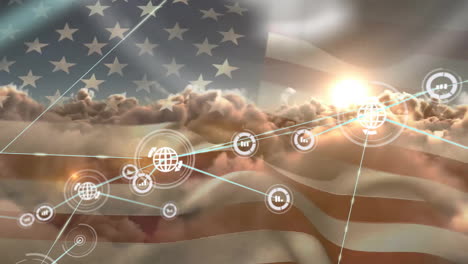 animation of global communication network over sunset cloudy sky and american flag