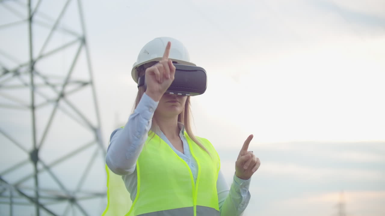 líneas eléctricas de alta tensión controladas por una ingeniera que utiliza la realidad virtual para controlar la energía. fuentes de energía alternativas en una ciudad moderna