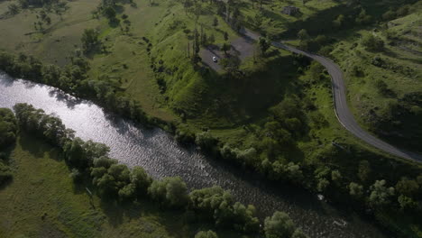 Kura-River-Above-The-Caucasus-Mountains-During-Sunrise-Near-Vardzia-In-Samtskhe-Javakheti,-Southern-Georgia