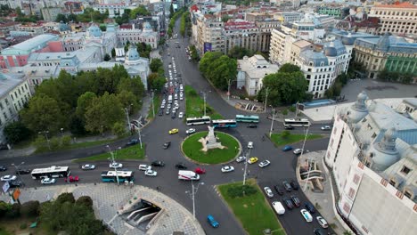 Drone-View-Of-University-Square-In-Bucharest,-Romania,-Cars,-Roundabout
