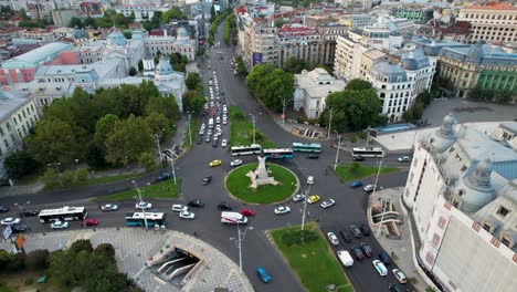 drone view of university square in bucharest, romania, cars, roundabout