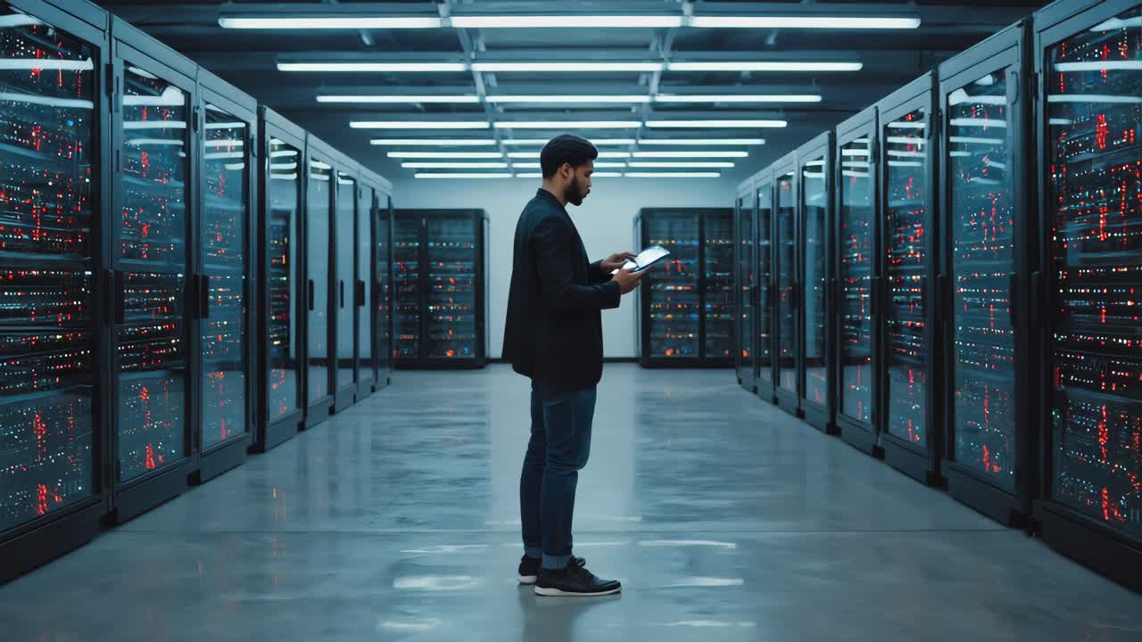 A man inspects servers in a data center