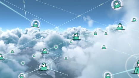 animación de redes de conexiones con iconos en el cielo