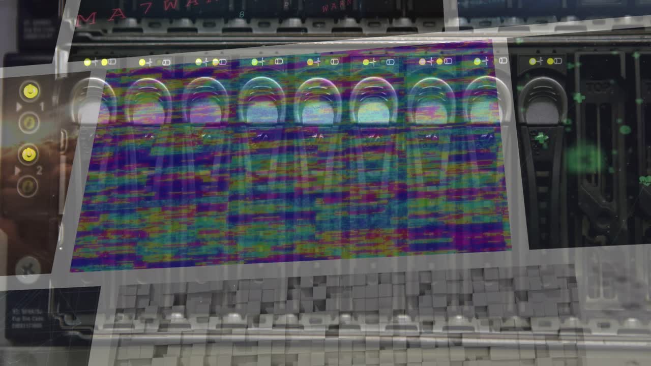 복합 화면에서 재생되는 다채로운 클립을 통해 컴퓨터 서버에서  ⁇ 박이는 불빛의 애니메이션