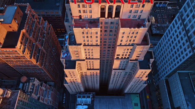 Nova York, EUA, 5 de março de 2026: Vista de cima para baixo de arranha-céu Art Deco durante o pôr do sol. Perspectiva aérea vertical de um arranha-céu de tijolos com recuos arquitetônicos e luz solar alaranjada em Nova York