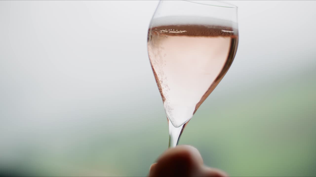Primo piano di Schlumberger Rosé tenuto nella mano destra con uno sfondo verde sfocato.