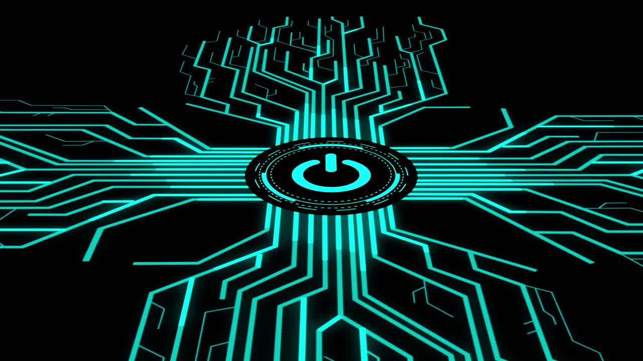 Digital Power Button With Futuristic Artificial Intelligence Spreading Through Internet. Visualization Of Machine Learning, Computer Technology, Neural Network