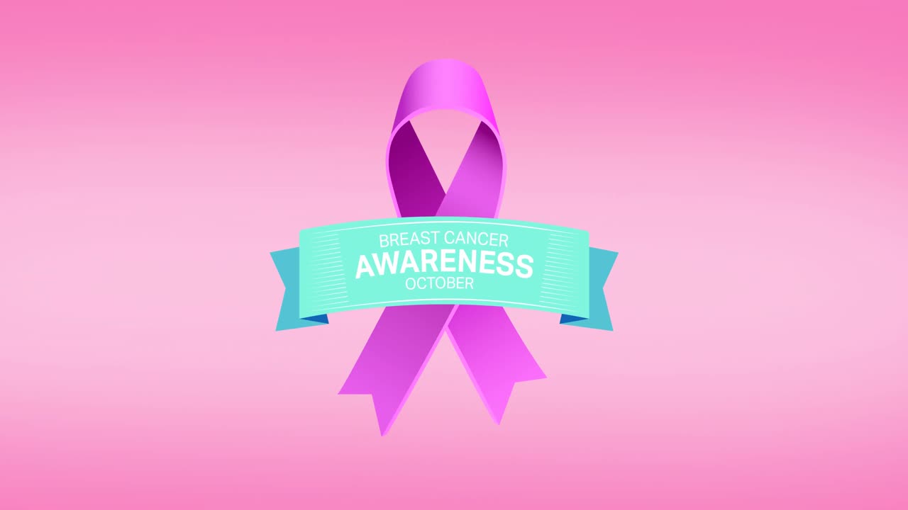 핑크색 리본 로고와 핑크색 배경에 나타나는 유방암 텍스트의 애니메이션