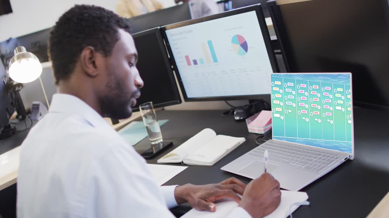 Composition of african american businessman using laptop with ai chat on screen