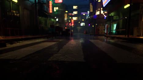 nighttime view of a wet, neon lit city street