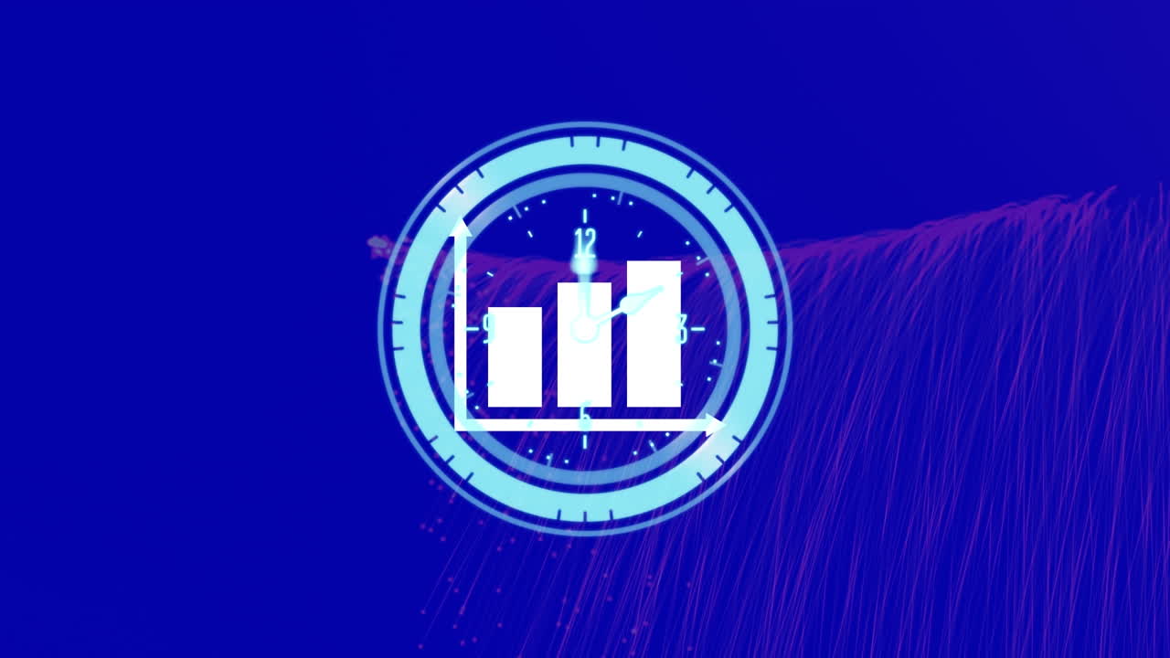 Animation of graph and moving clock over light trails on blue background