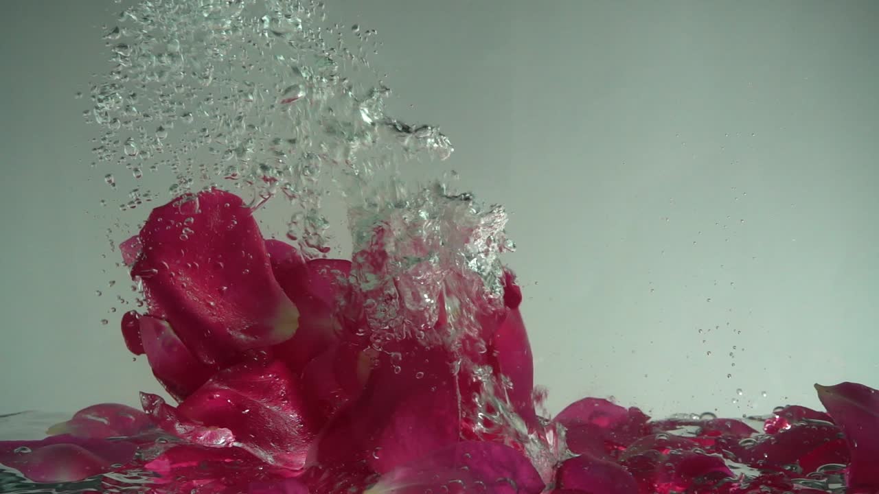 Petali di rose cadono nell'acqua. Sfondo. Movimento rallentato.