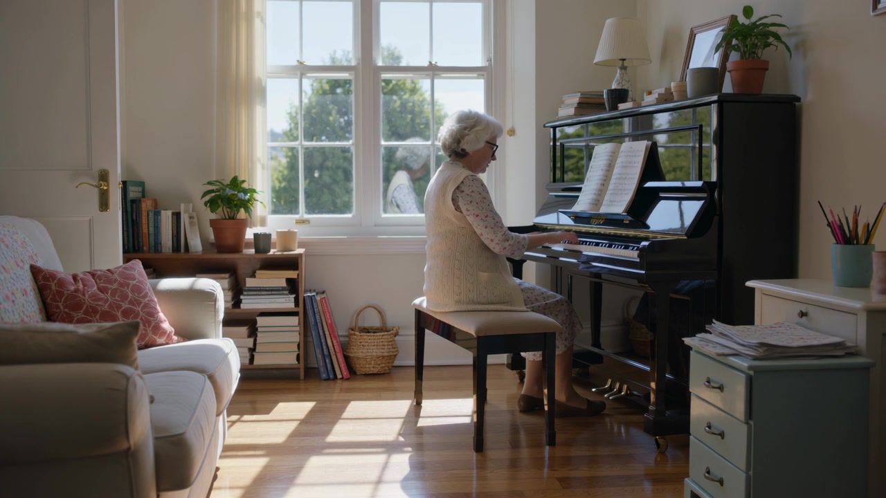 Donna anziana che suona il pianoforte verticale a casa, leggendo lo spartito e praticando un brano, illuminata dalla luce del sole.