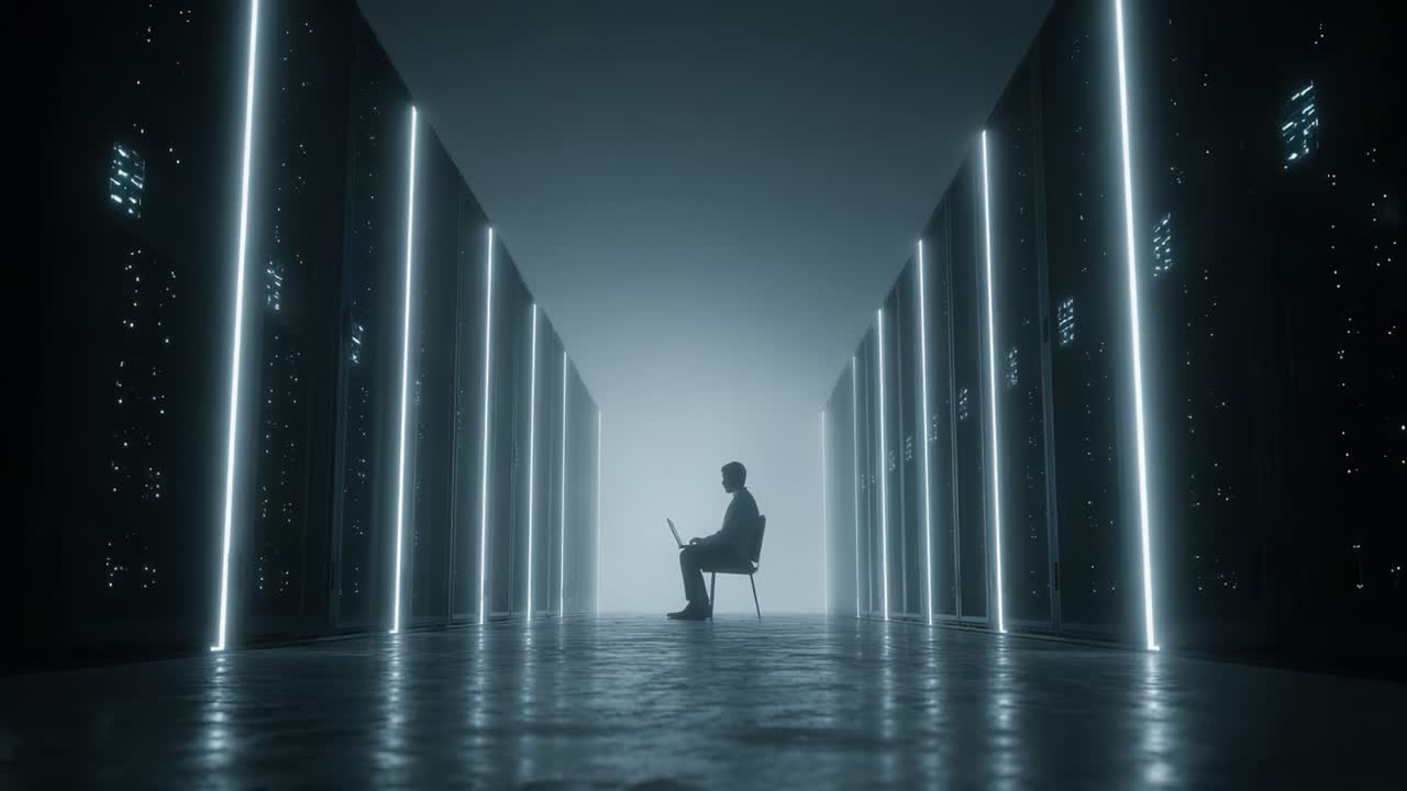 A lone figure sits in contemplation within a high-tech server room, illuminated by glowing lines of light amidst towering data storage, evoking a sense of solitude and focus