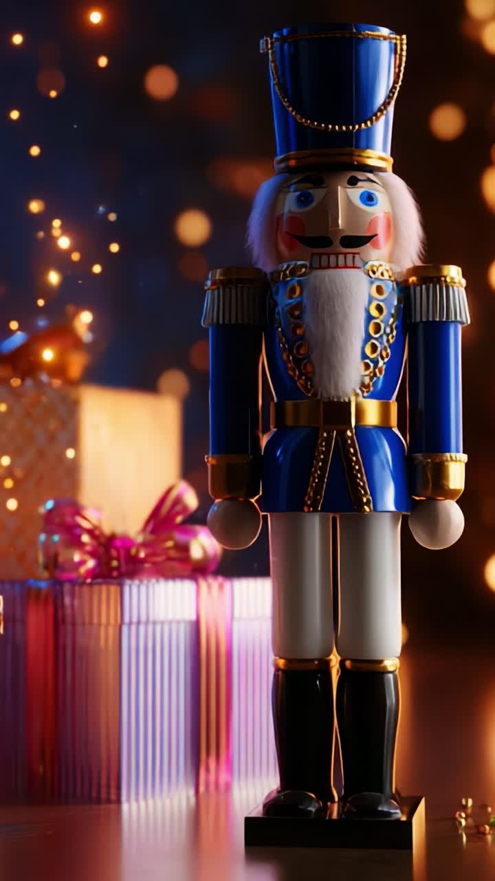 A beautifully crafted blue Nutcracker figure stands majestically amid sparkling lights and colorful gift boxes, evoking a sense of wonder and nostalgia associated with festive celebrations and holiday cheer