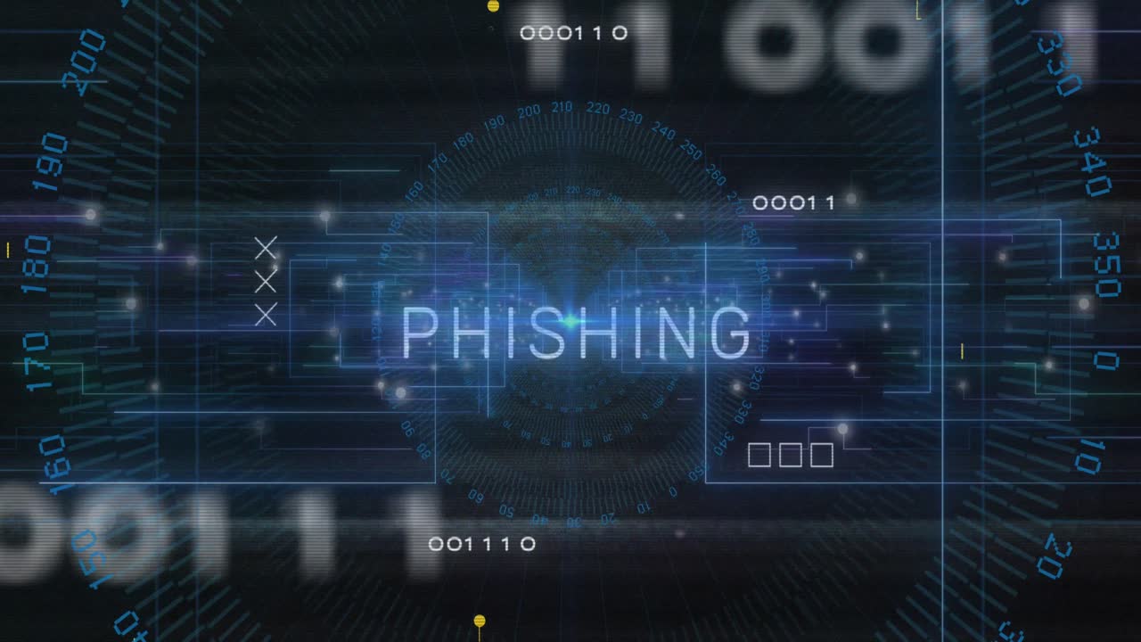 Animazione di testo phishing ed elaborazione dati su circuito stampato su sfondo scuro.