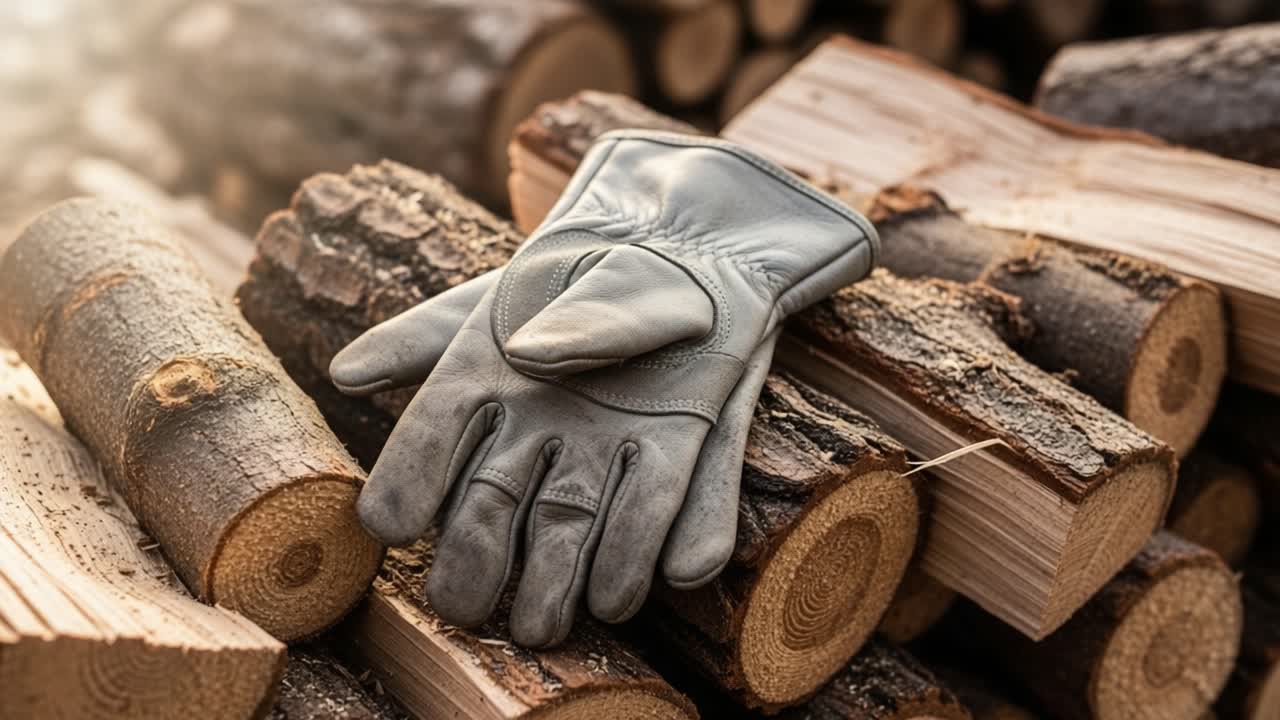 A Quality Leather Glove Resting on Stacked Logs, Showcasing Craftsmanship and Outdoor Preparedness in a Rustic Setting