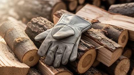a quality leather glove resting on stacked logs, showcasing craftsmanship and outdoor preparedness in a rustic setting