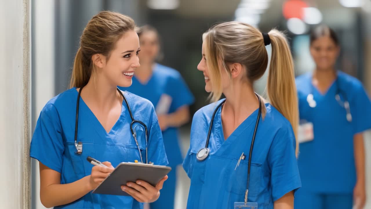Two Nurses Engaged in Friendly Conversation While Reviewing Patient Notes in a Modern Hospital Corridor, Showcasing the Importance of Teamwork and Compassionate Care