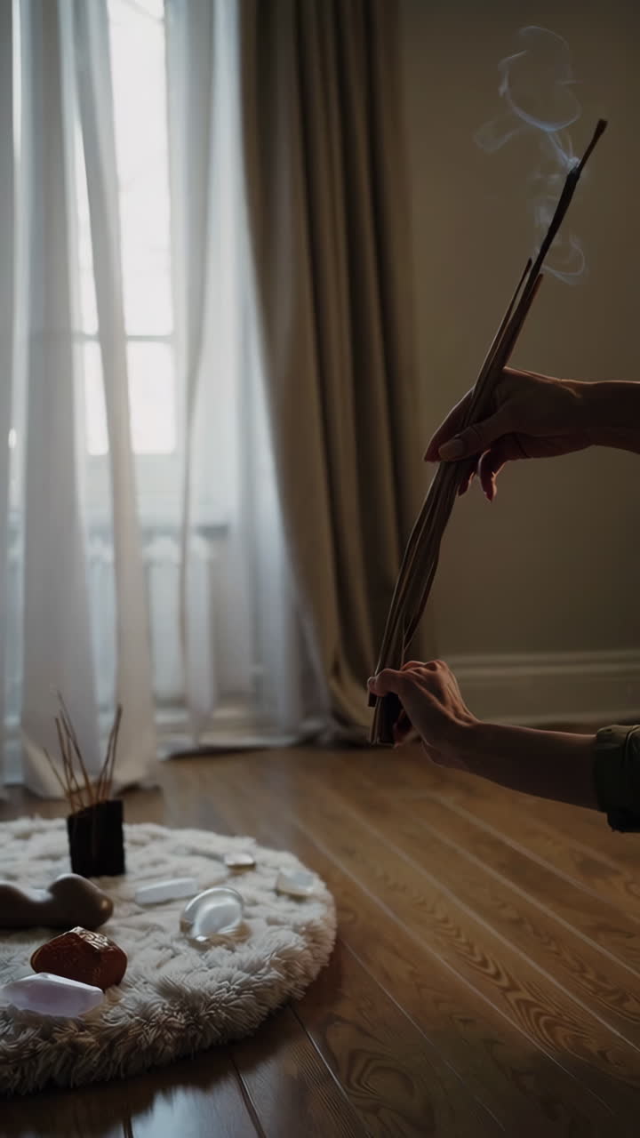 женщина медитирует дома.