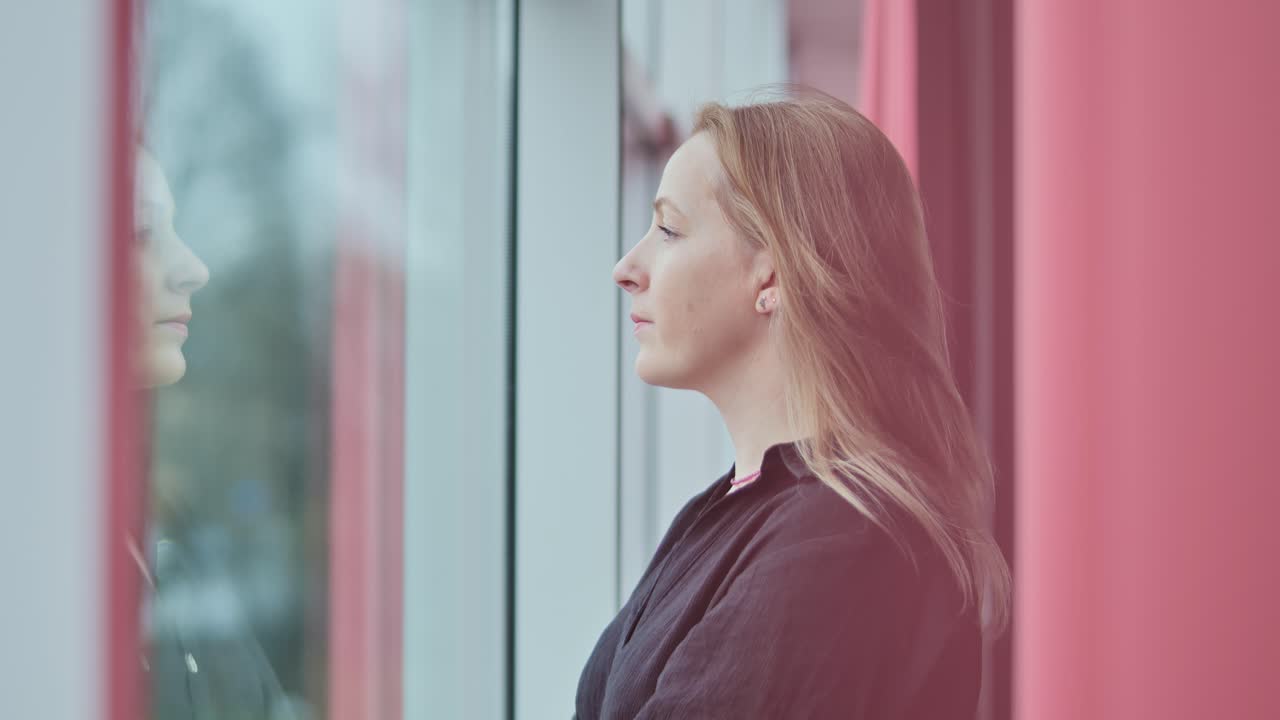 Slow motion closeup, blonde woman facing street with serious look and reflection