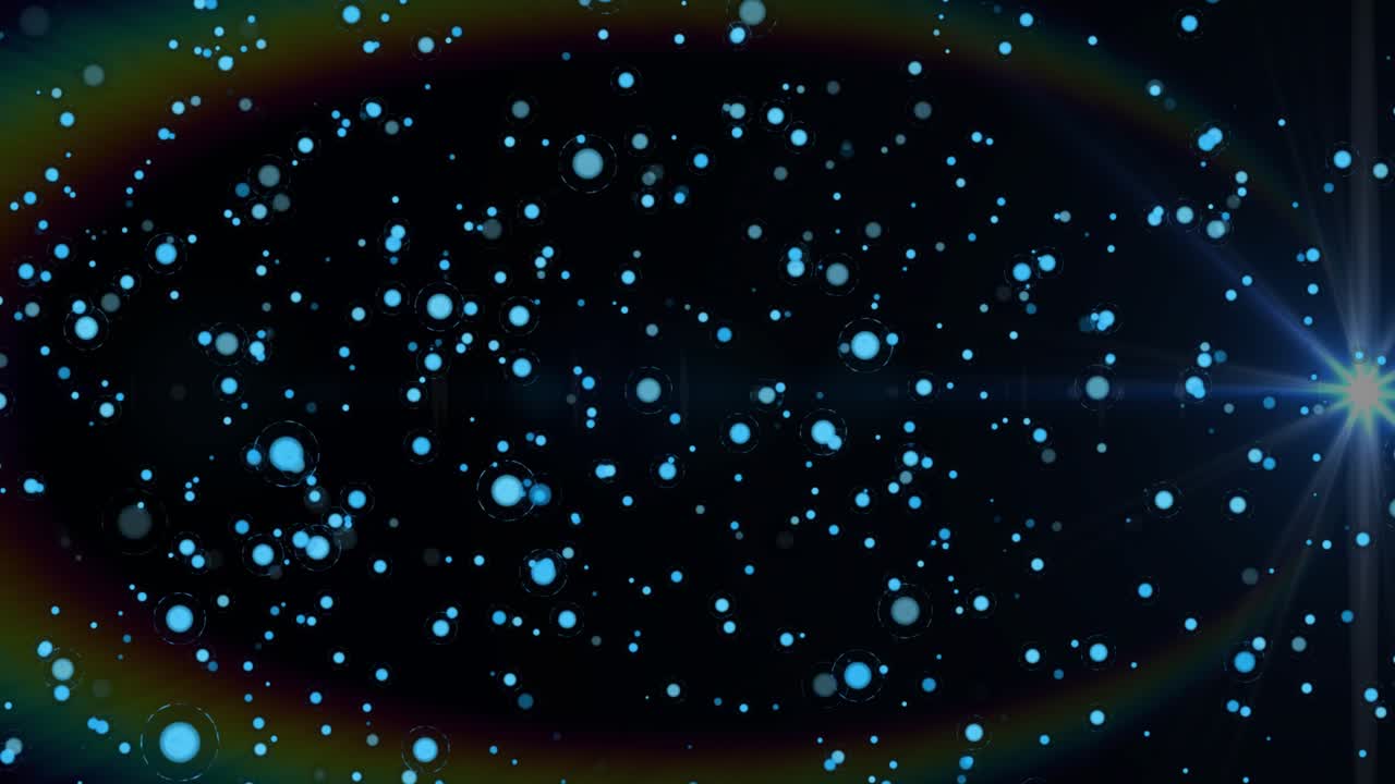 Canvas filling glowing blue orbs clustering and drifting as halo and starburst flare showing flow