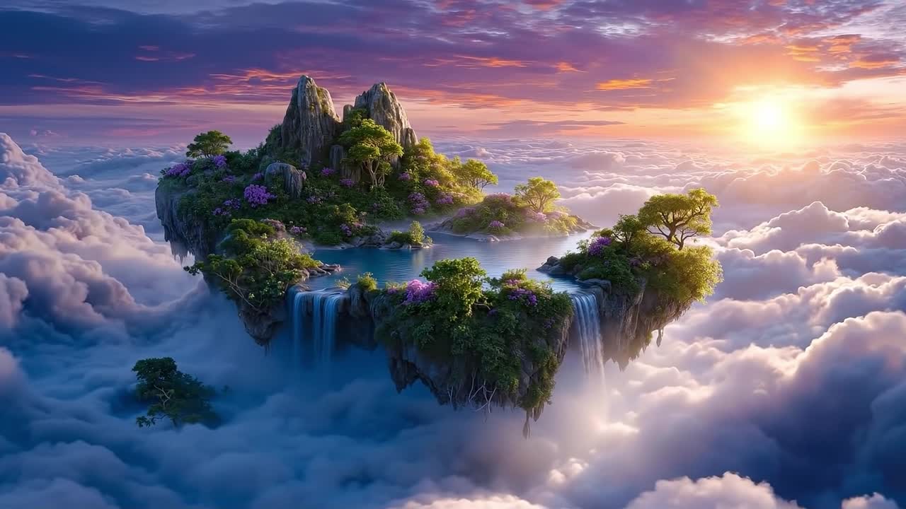 A small island in the middle of a cloud filled sky