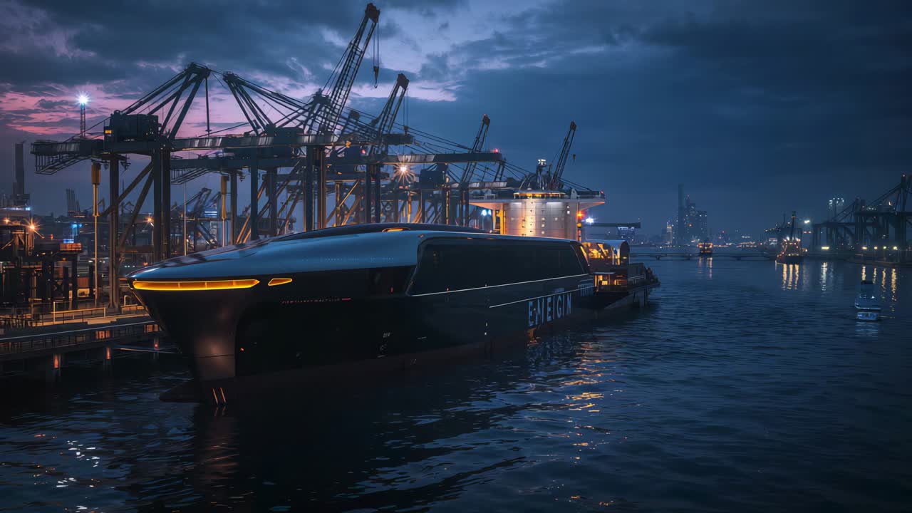 Standing sleek vessel staying moored at quay, dusk bringing port lights, with tug, amber bow light