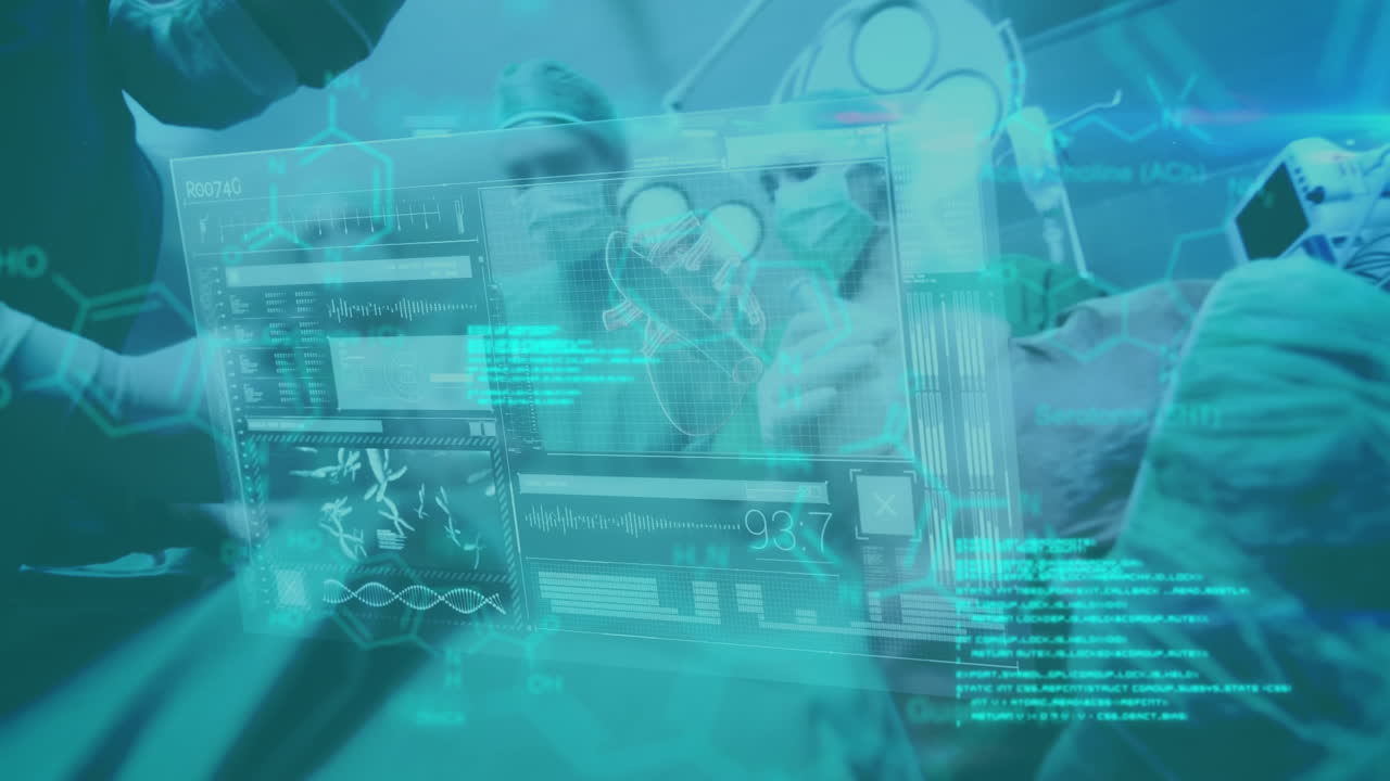 animación de la información médica y el procesamiento de datos sobre los cirujanos en el trabajo en la sala de operaciones