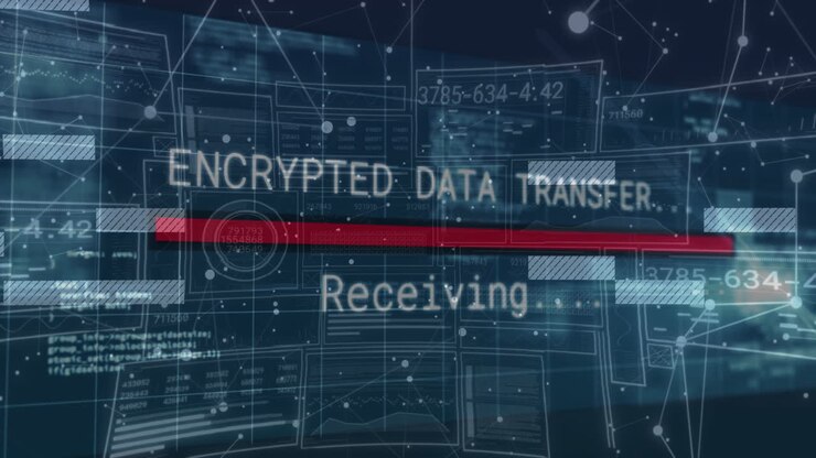 Encrypted data transfer and receiving animation over digital interface background