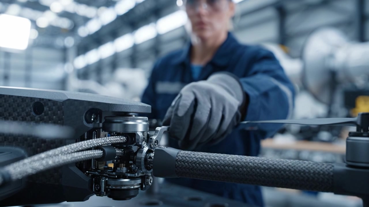 Close-Up View of a Drone Component in a Manufacturing Facility with a Focus on Precision Engineering and a Technician in the Background Working on Technology