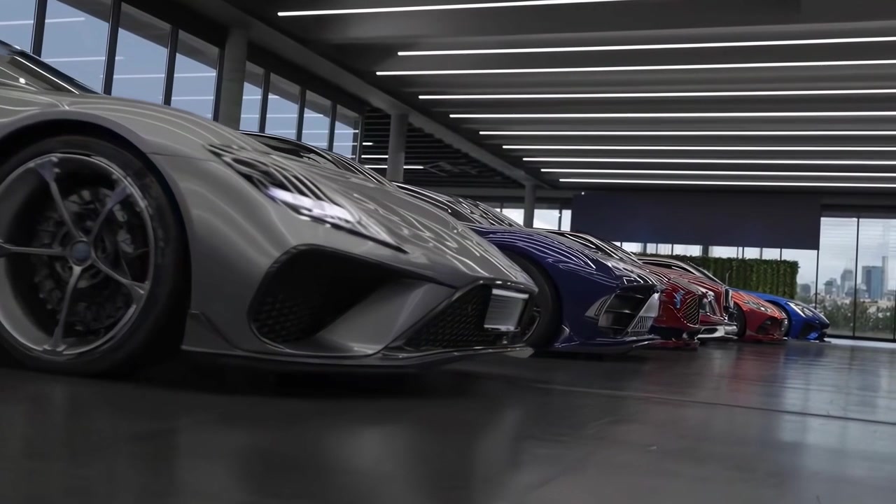 Fila di auto sportive di lusso parcheggiate in un moderno showroom