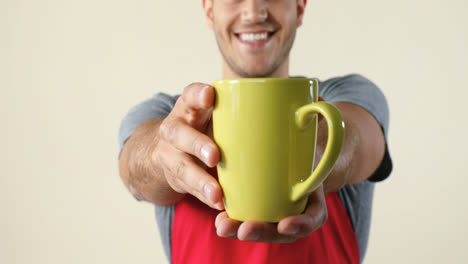 waiter offering a cup of coffee against white background 4k 4k