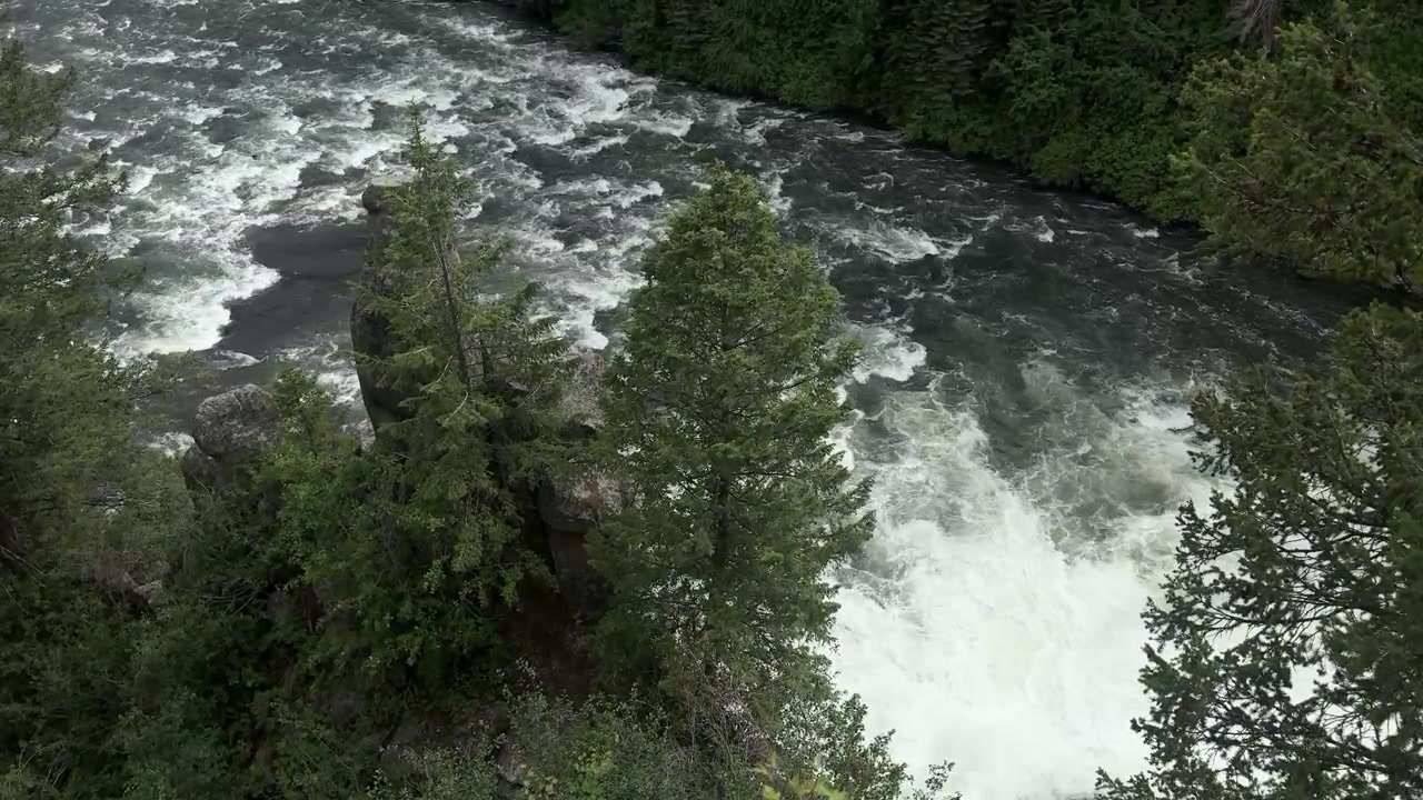 A powerful waterfall on the Henrys Fork of the Snake River with foaming white water, mist, and steep forested canyon walls. Dramatic close-up of the river rushing over dark rock in a lush wilderness.