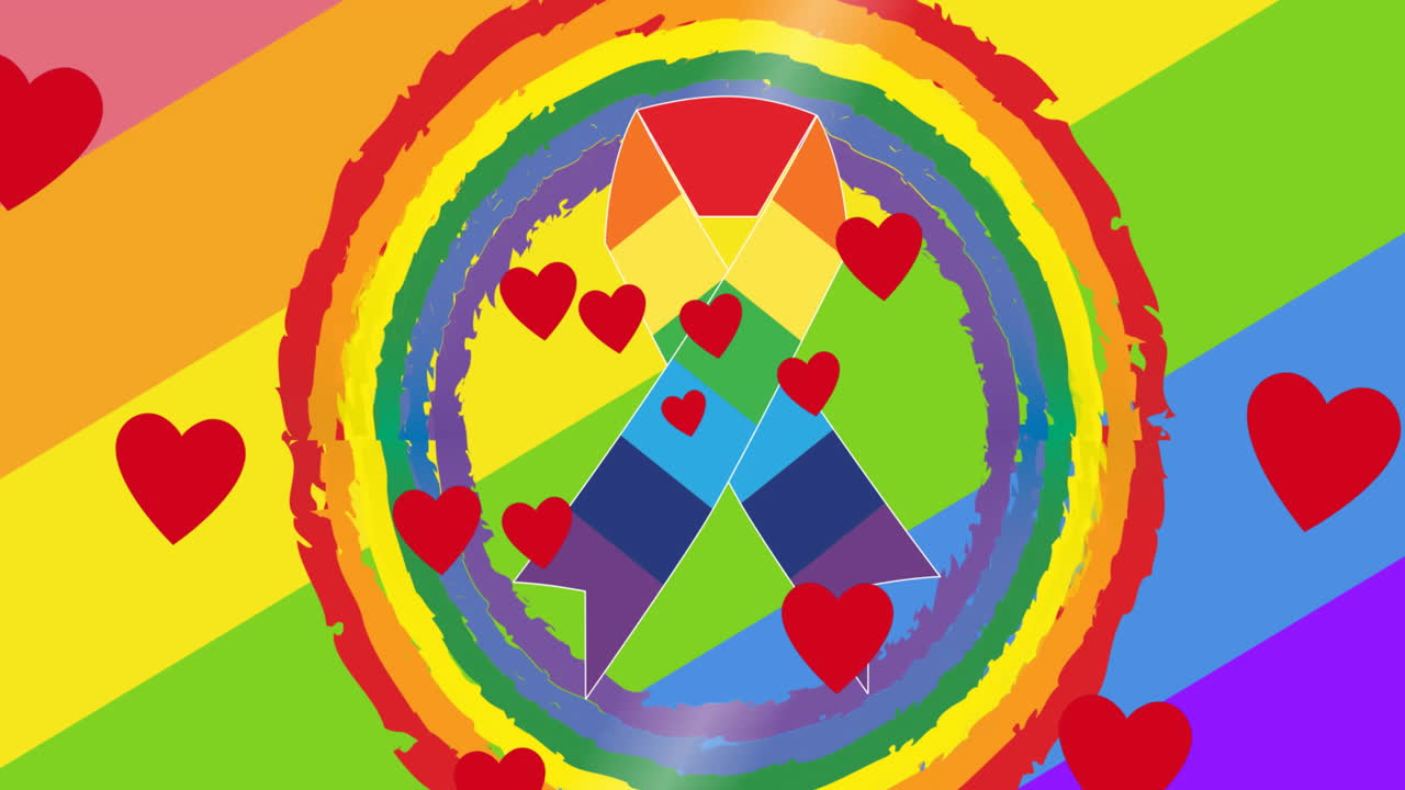 animación de corazones sobre cinta de arco iris en el fondo del arco iris