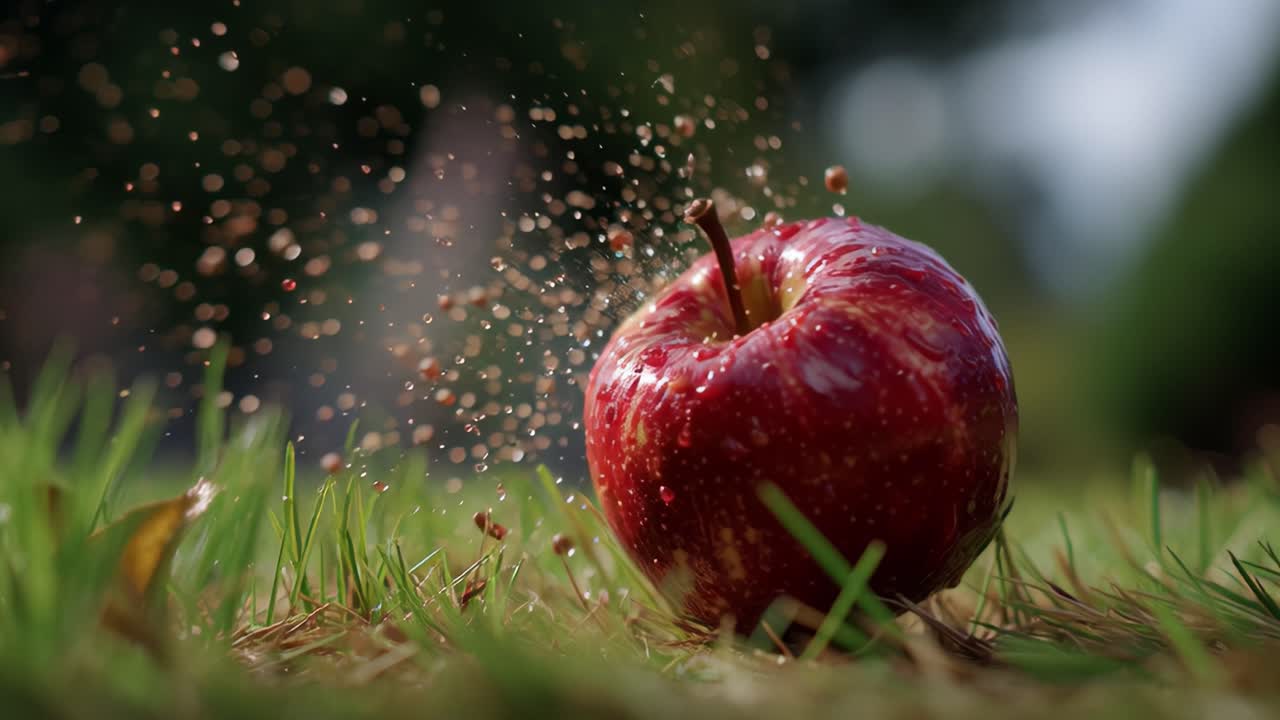 A Fresh Red Apple Rolling on Grass, Sparkling with Water Droplets in a Lush Outdoor Setting Capturing the Beauty of Nature and Freshness