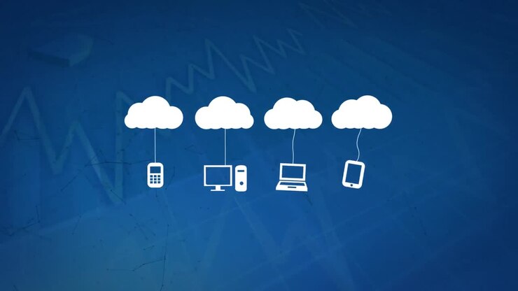 Animation of clouds with technology icons over graphs on blue background